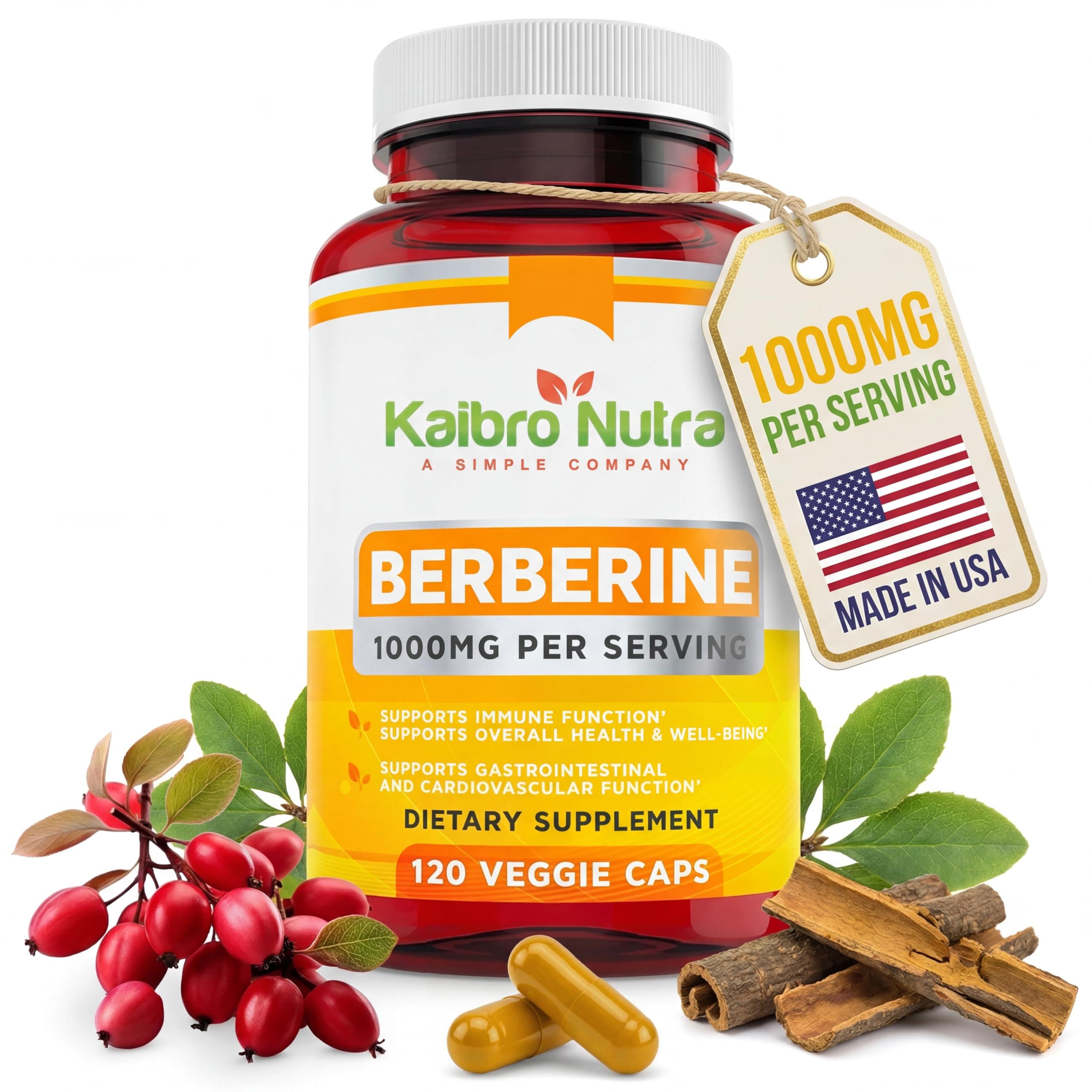 Kaibro Nutra Berberine Supplement 1000mg, Berberine HCL for Immune System, Glucose Support, Circulatory & Gastrointestinal Health, Vegan & Gluten-Free, 120 Capsules