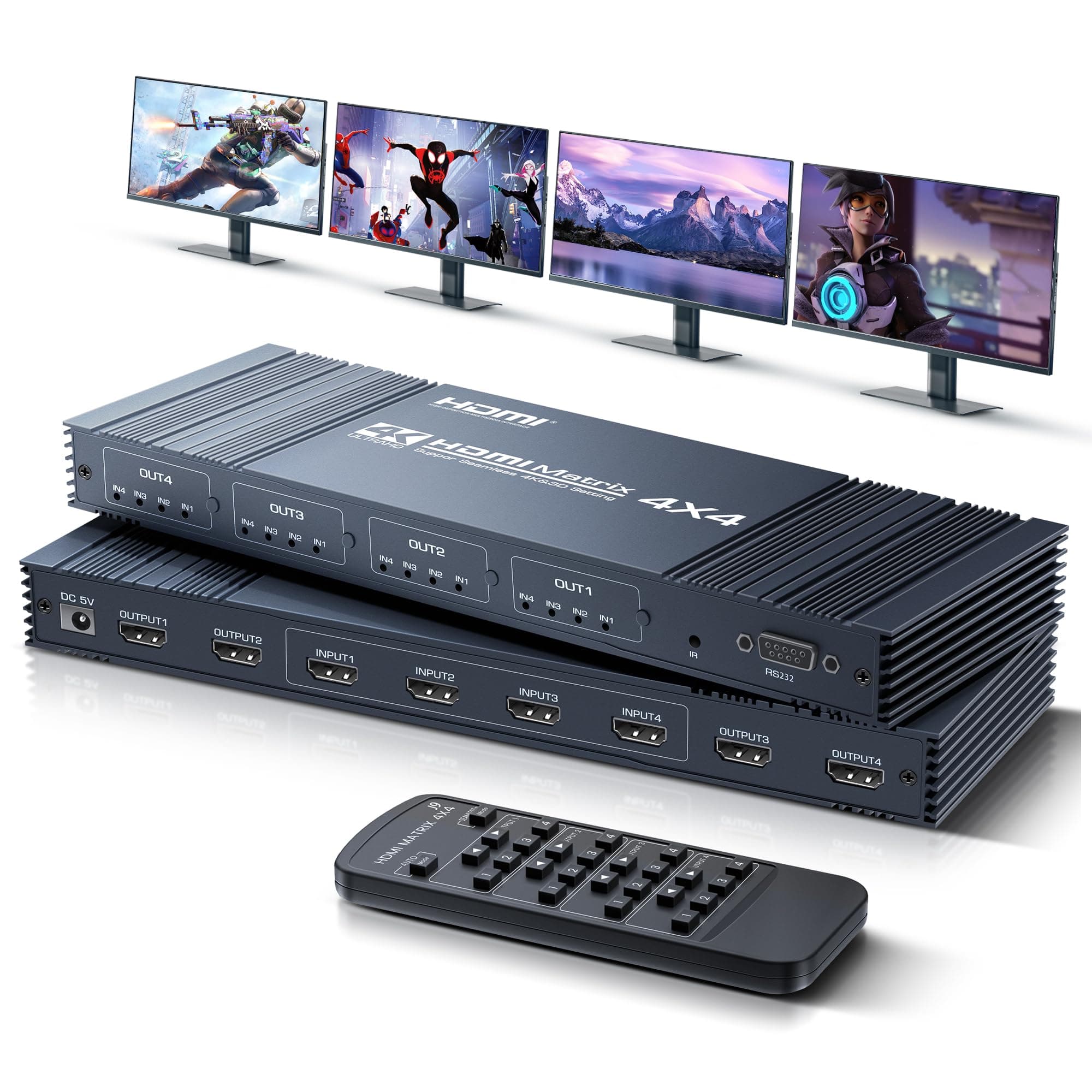 4x4 HDMI Matrix Switch 4K 30Hz, 4 in 4 Out HDMI Switch with Remote Supports HDR, 3D, HDMI 1.4, HDCP 1.4, Downscaler 4K & 1080P, 4 Way HDMI Splitter Switch for Fire TV Stick, Xbos, PS4/5