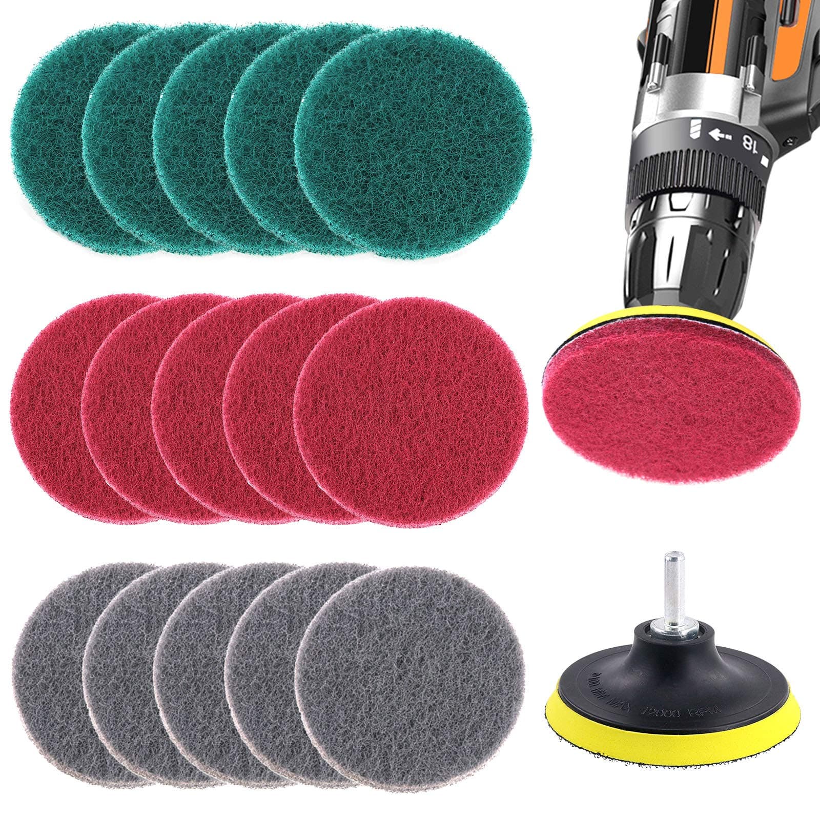 Glarks 16Pcs 4 Inch Drill Power Brush Tile Scrubber Scouring Pads Cleaning Kit with 4 Inch Disc Pad Holder for Bathroom & Kitchen Cleaning, 3 Different Stiffness (Red, Gray, Green)