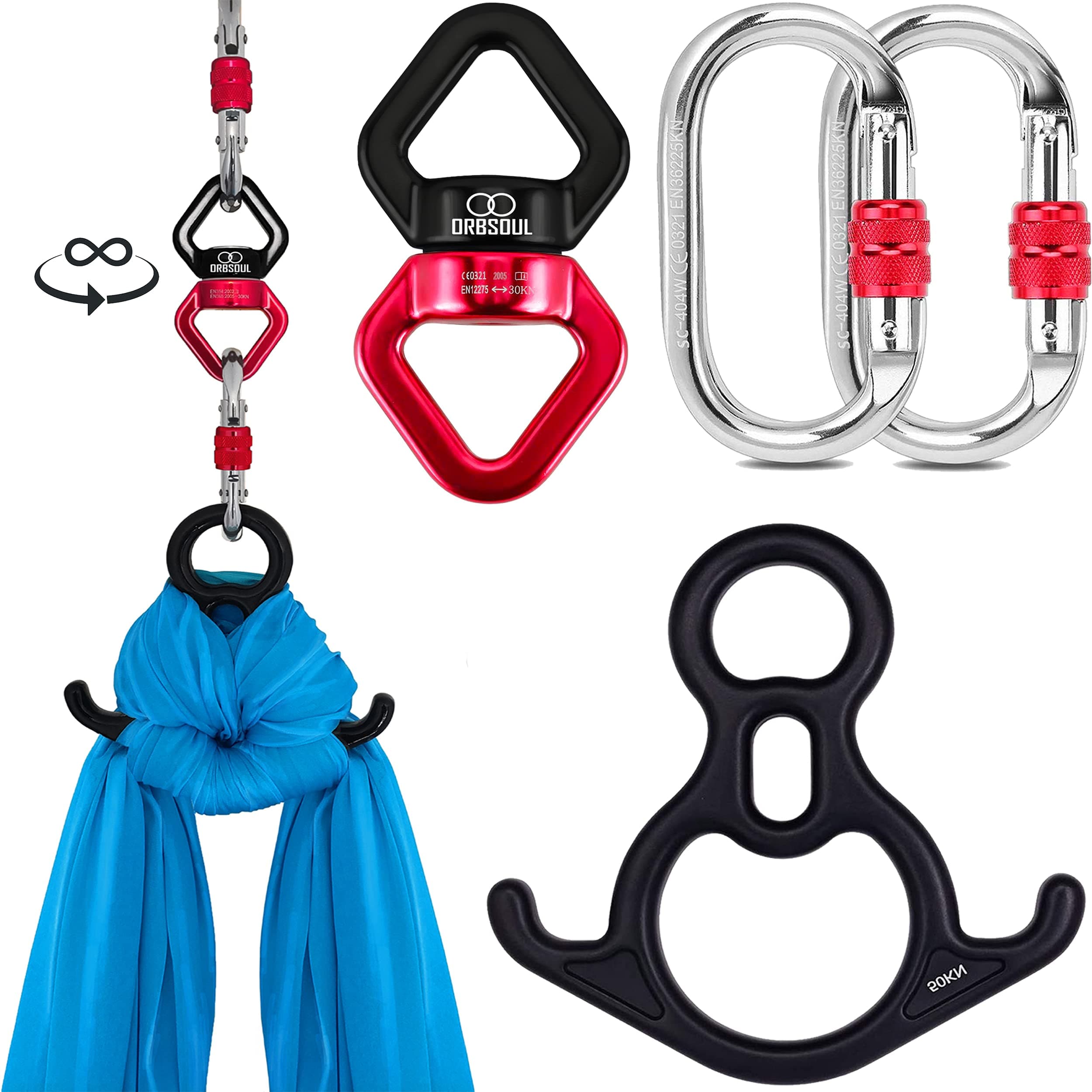 Aerial Silks Hardware (Certified Set) Includes Rescue Figure 8 Descender, Infinity Swivel, and 2X Stainless-Steel Carabiners