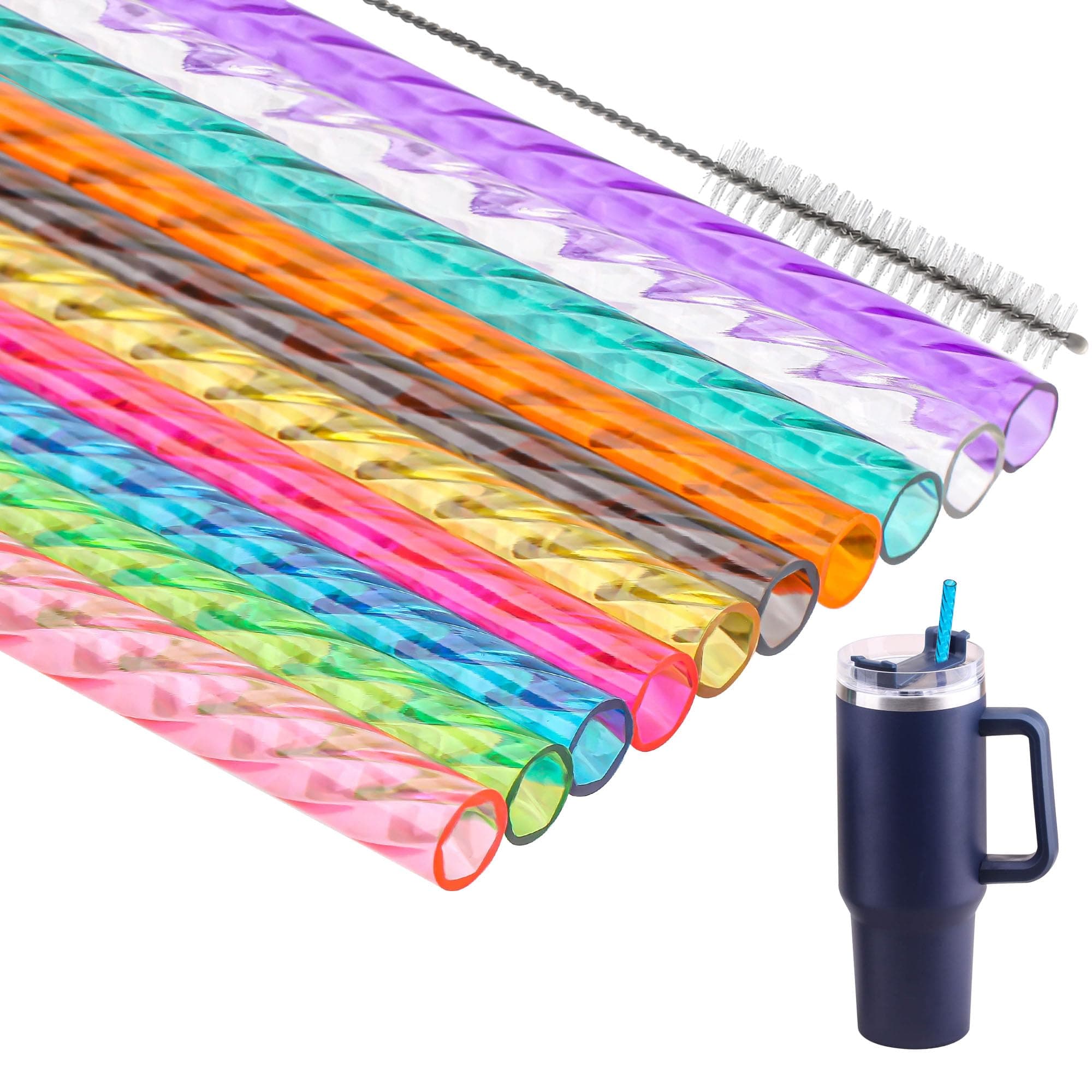 Dakoufish Replacement Swirl Straw for Stanley 40 oz 30 oz Cup,10 Pack12 Inch Reusable Plastic Straws With Brush for Stanley Tumblers Accessories,BPA Free (12 Inch,10 Color)