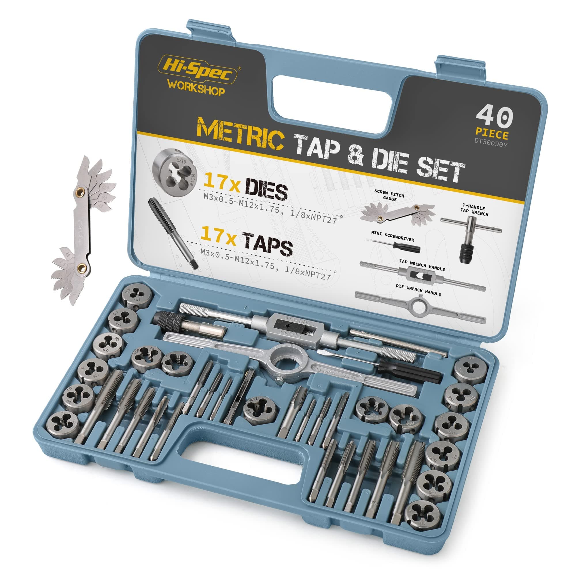 Hi-Spec Metric Tap and Die Set, 39-Piece M3–M12 Thread Tapping and Threading Tool Kit for Chasing Threads, with Tap Wrench and Screw Pitch Gauge