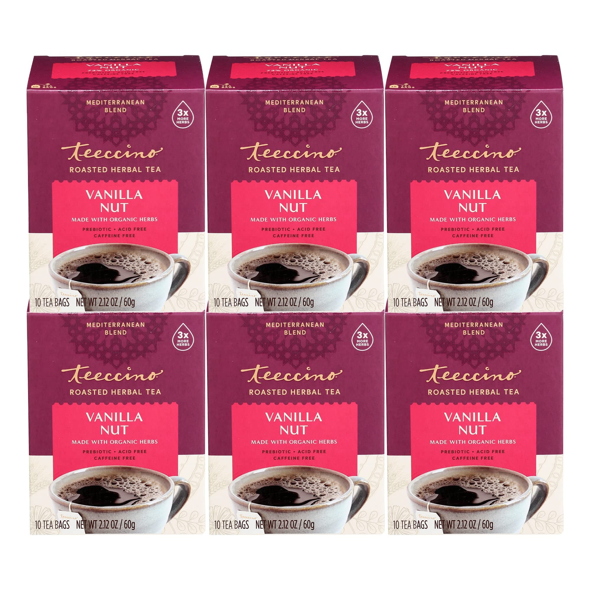 Teeccino Vanilla Nut Herbal Tea - Rich & Roasted Herbal Tea That’s Caffeine Free & Prebiotic for Natural Energy, 10 Tea Bags (Pack of 6)