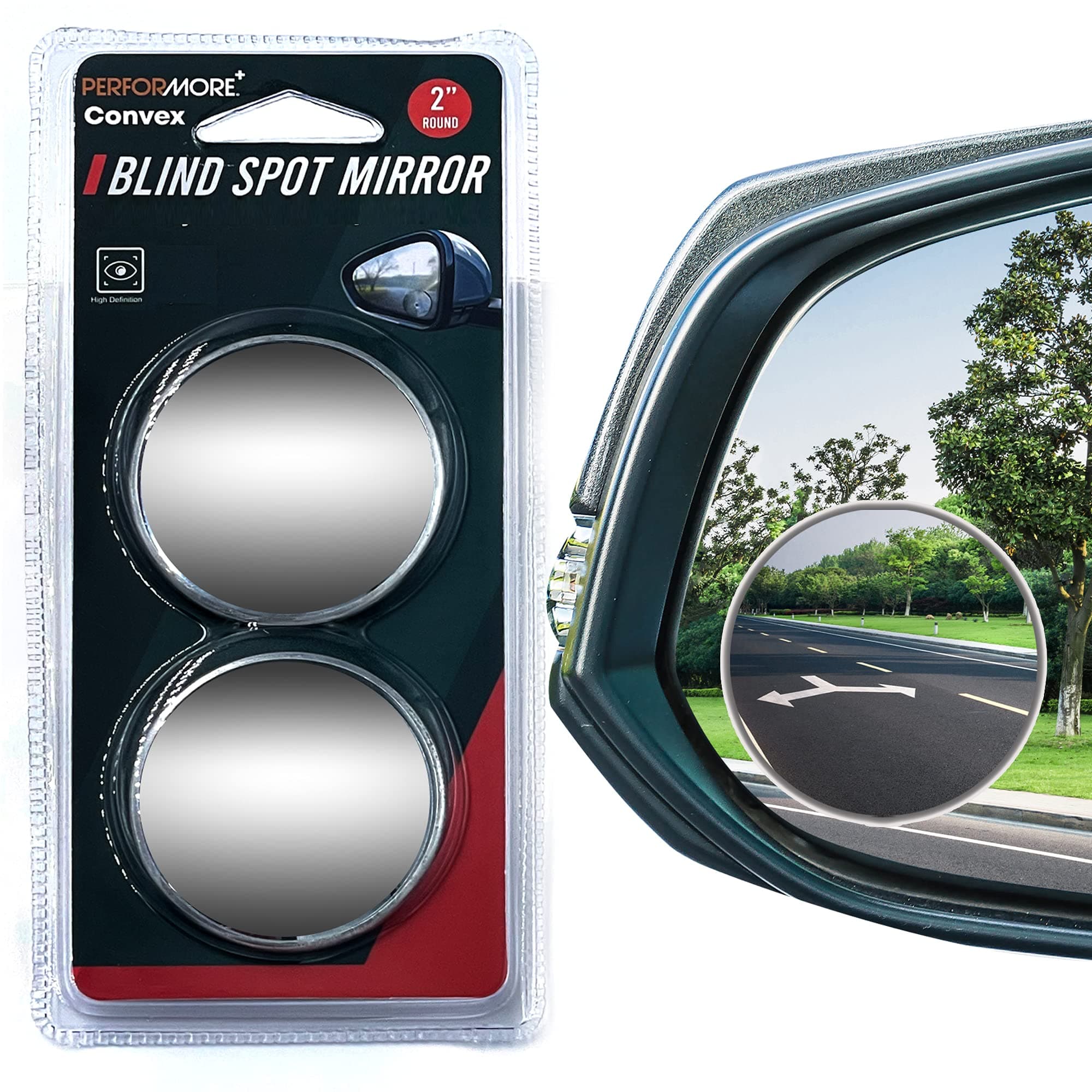 Performore 2 Pack Of Blind Spot Car Mirrors, 2 Inch Round Hd Glass Convex Rear View Wide Angle Side Mirror Blindspot With Self Adhesive Back For Universal Vehicles