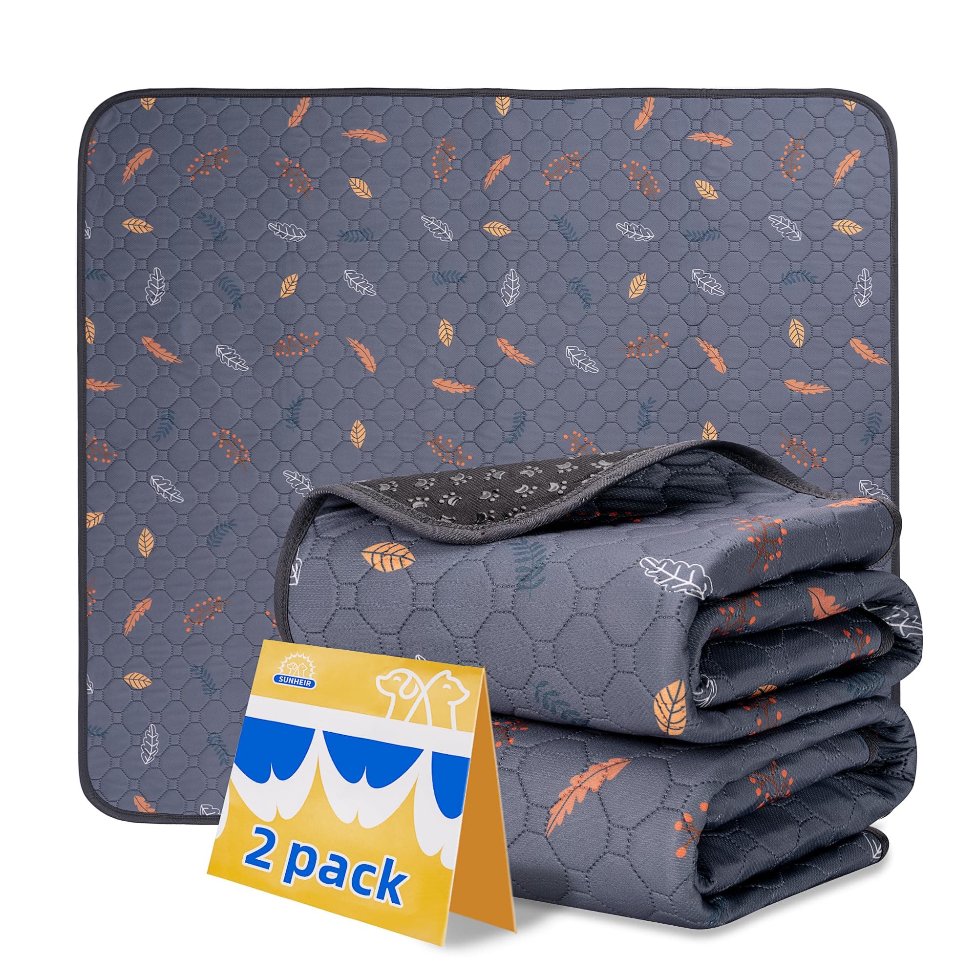 Sunheir Washable Pee Pads for Dogs , Thick Heavy Absorbency Reusable, Prevent Leakage, Waterproof , Non-Slip Pee Pads for Puppy Playpen, Crate, Whelping Box, Potty Training, Grey, 2 packs