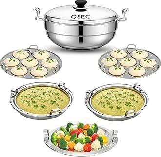 3-layer triply base stainless steel idli maker 28cm Multi Kadai idly Steamer dhokla cooker | 3 layer thick Base All-in-One Big Size with 5 Plate | 2 idli | 2 Dhokla | 1 Patra | Induction & Gas stove Compatible | Sandwich Bottom Multipurpose kadai