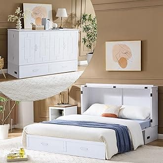 Queen Murphy Bed, Pine Wood Murphy Cabinet Bed with Tri-Folding Mattress,Storage Drawer with 14pcs Auxiliary Wheels & USB Charging Station for Living Room Apartment (White 1#)