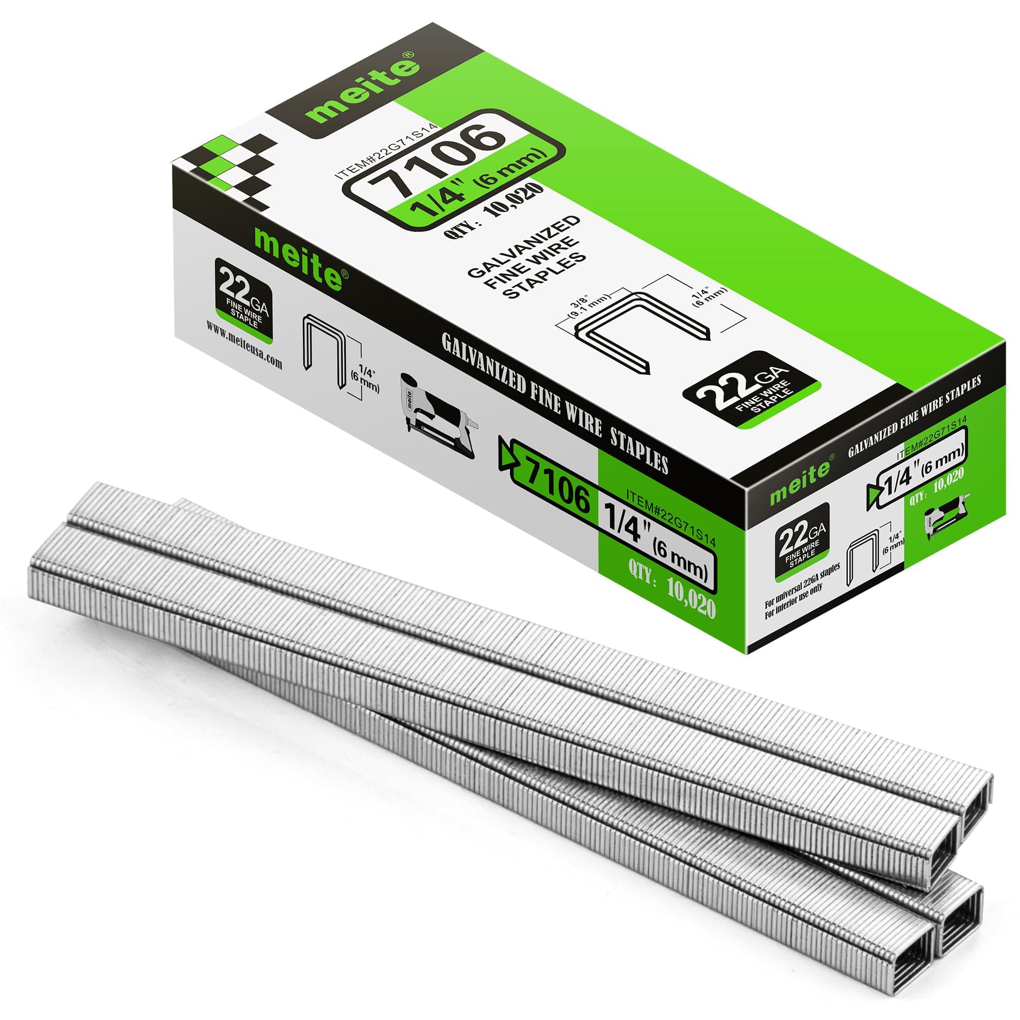 meite 22 Gauge 71 Series 3/8" Crown Wide 1/4" Leg Length Galvanized Staples for Upholstery Stapler 10,020 PCS/Box (1 Box)