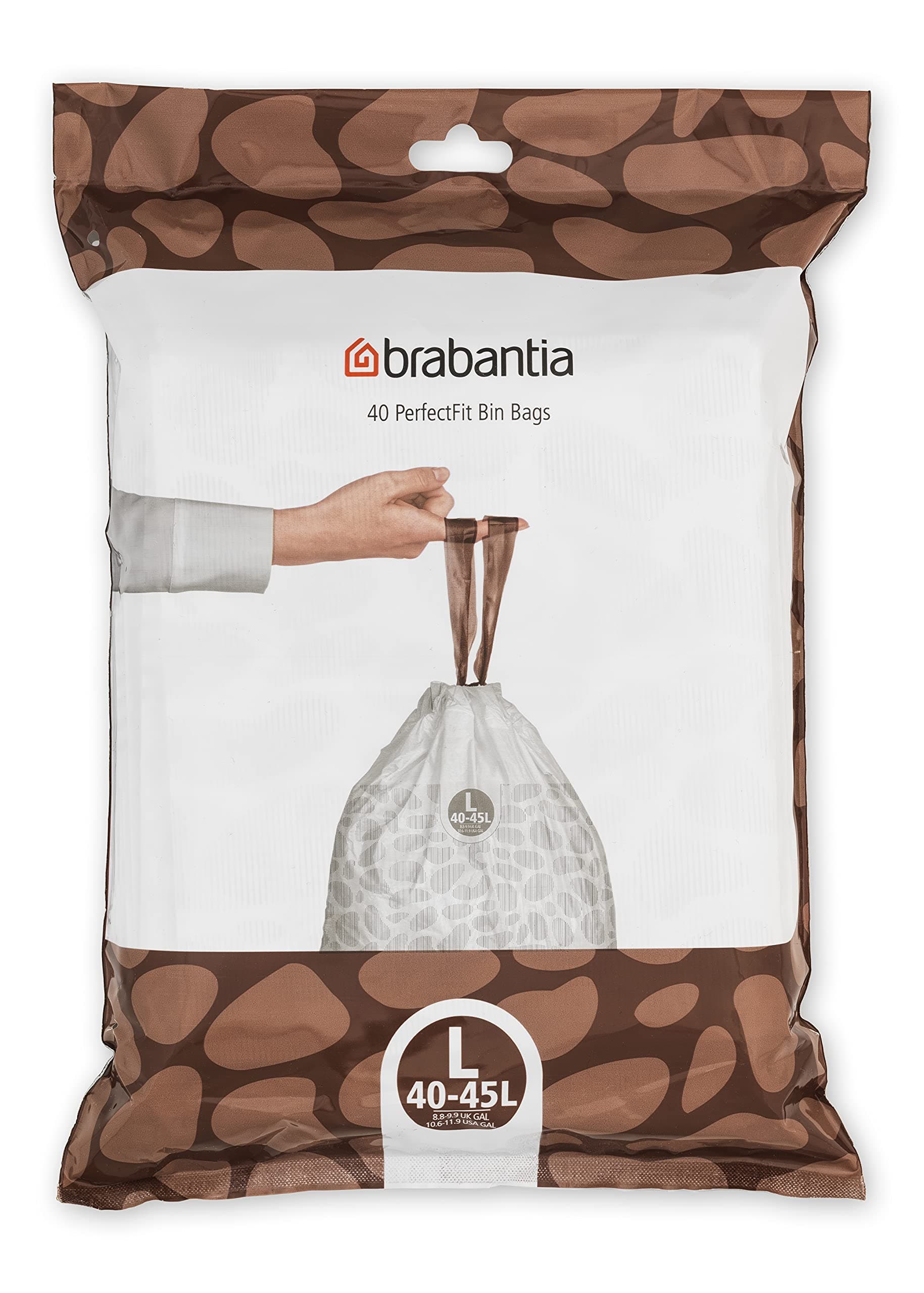 Brabantia 138645 PerfectFit Bin Liners (Size L/40-45 Litre) Thick Plastic Trash Bags with Tie Tape Drawstring Handles (40 Bags), White