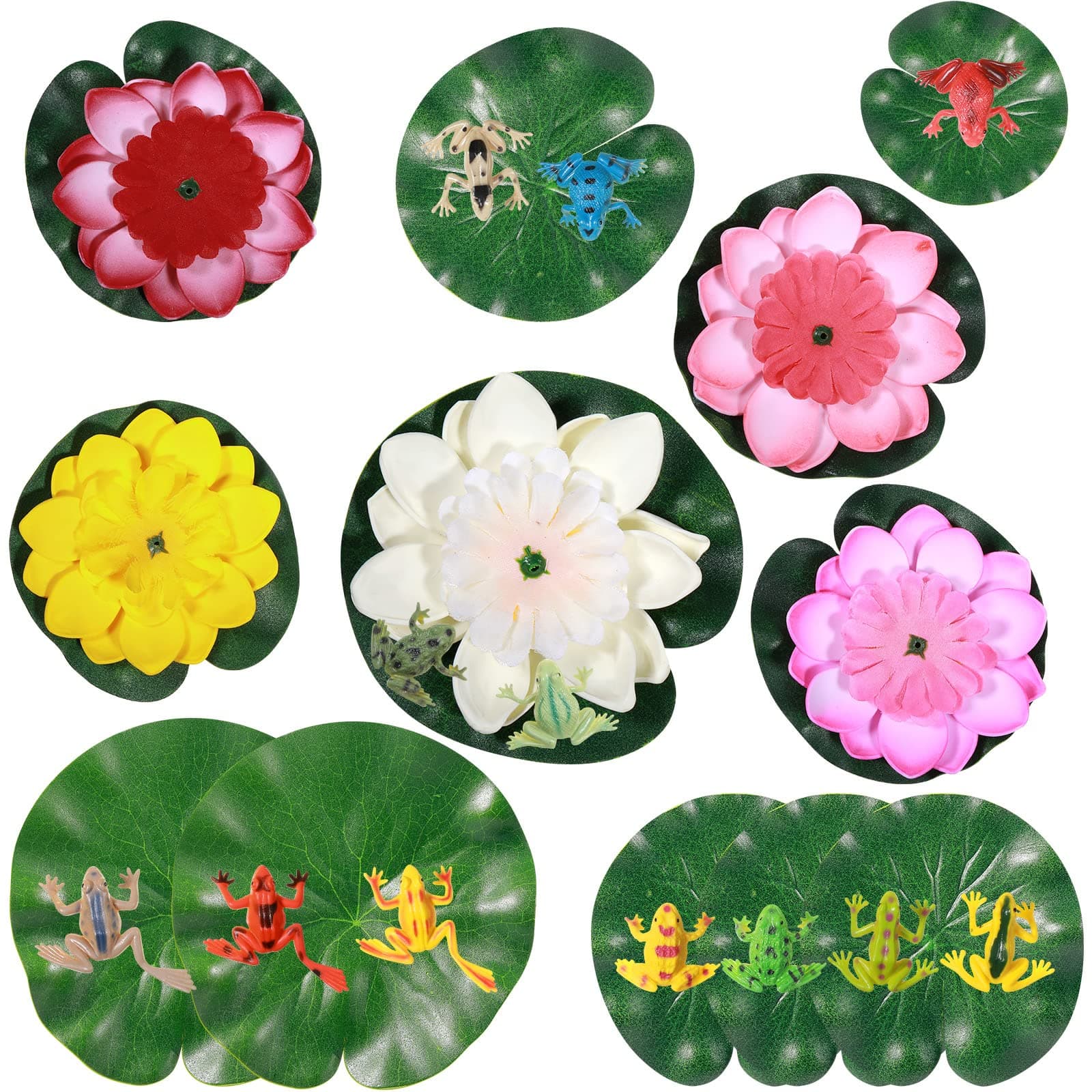 22 Pcs Water Lily Pad Artificial Floating Lotus Flower with Plastic Frog Figures Toy Set for Garden Home Decor Party Favor Koi Pond Accessories Ornament Indian Diwali Decorations Return Gifts