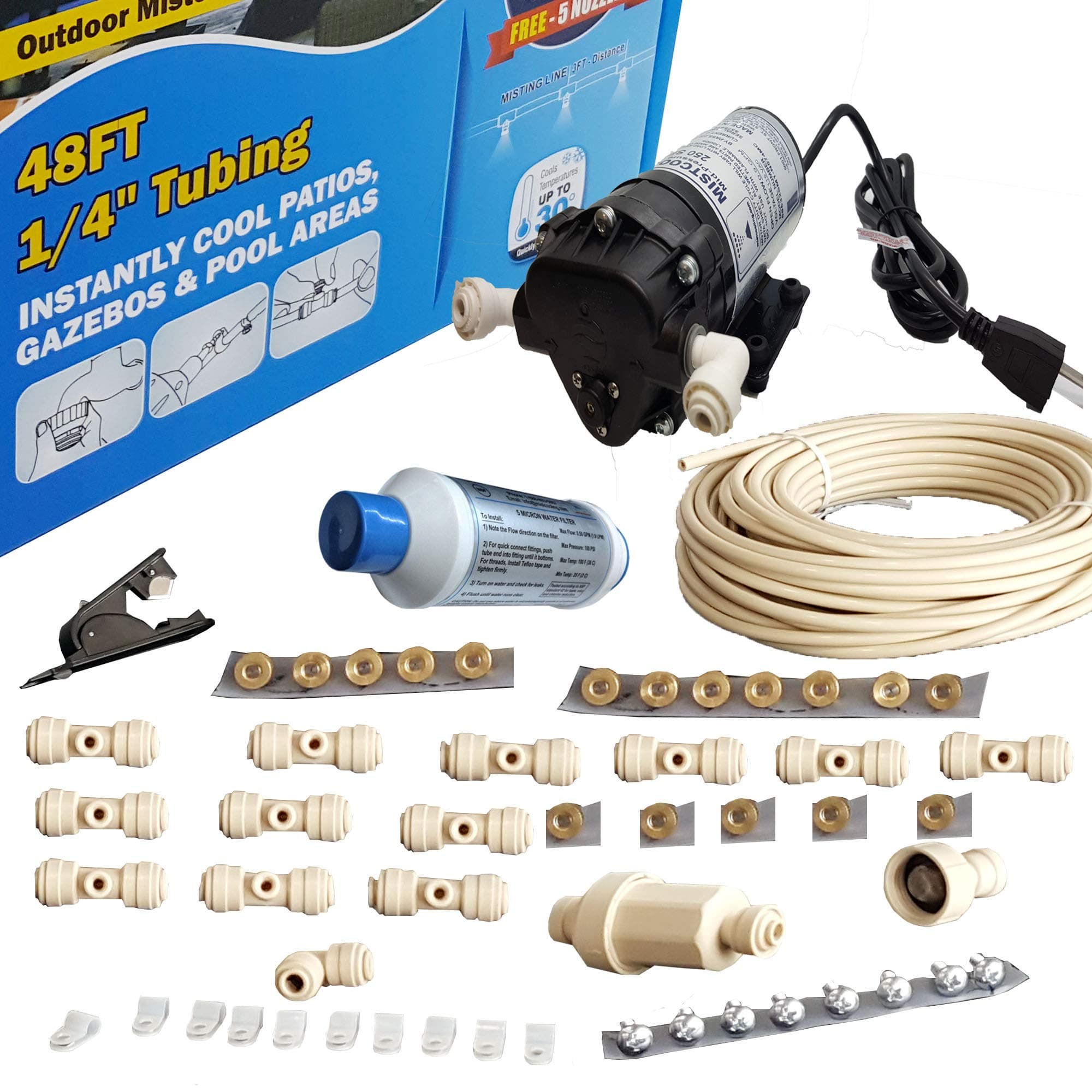 Hydrobreeze Misting System - 160 PSI Misting Pump - with Scale Inhibitor Filter - Push to Connect Fittings (48 Ft 12 Nozzles Kit)