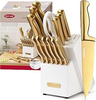 Knife Sets, Golden Titanium Stainless Steel Kitchen Knife Block Sets with Built-in Sharpener