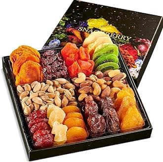 Dried Fruit & Nuts Gift Basket Arrangement Platter, Gourmet Food Snack Box, For Christmas, New Years, Birthday Care Package, Healthy Kosher - Her Him - 12 Snackberry Assortment (12-Pack)