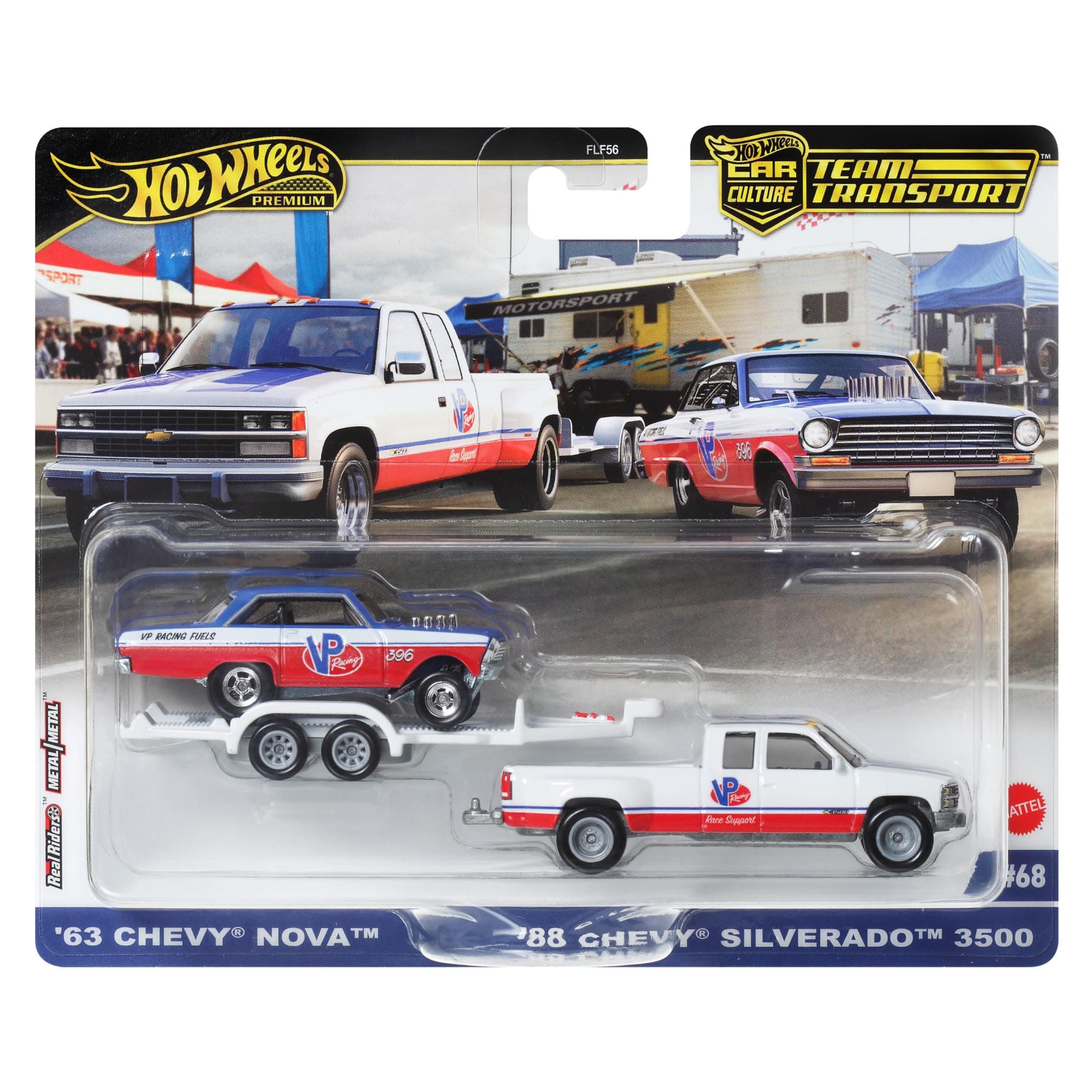 Team Transport '63 Chevy Nova & '88 Chevy Silverado Die-Cast Vehicle Set, Race Car with Trailer, VP Racing, 1:64 Scale Model