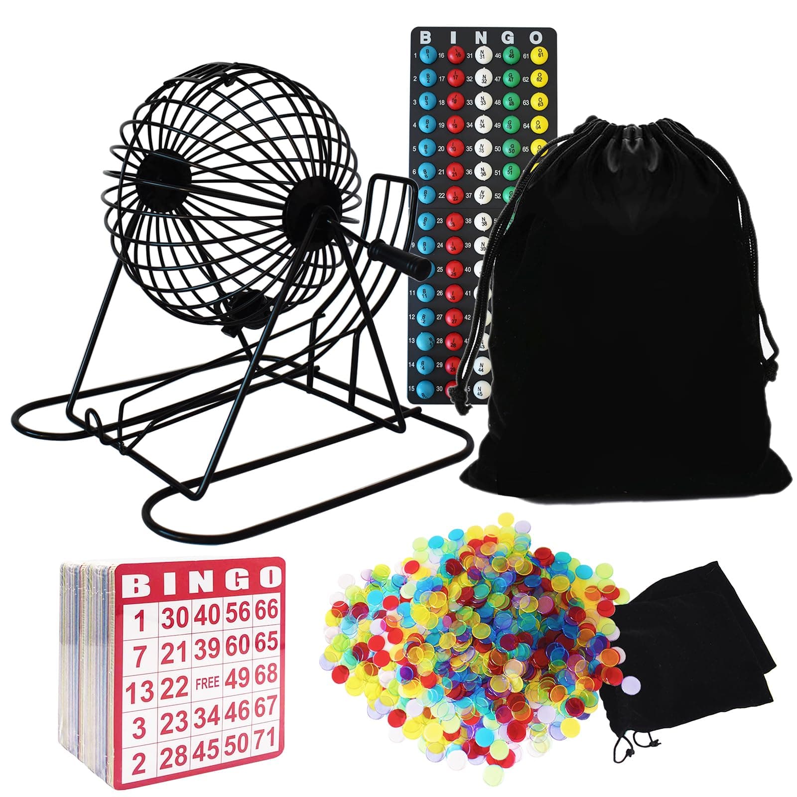 Yuanhe Complete Bingo Game Set - Includes 8" Metal Round Cage with Big Storage Bag,100 Bingo Cards,1000 Colorful Chips,75 Colored Balls and Masterboard, Ideal for Large Groups