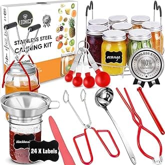 Canning Supplies Starter Kit, Stainless Steel Canning Set Tools: Rack, Ladle, Measuring Spoons, Funnel, Tongs, Jar Lifter, Lid Lifter, Lable for Canning Pot, Mason Jar, Beginner - Red