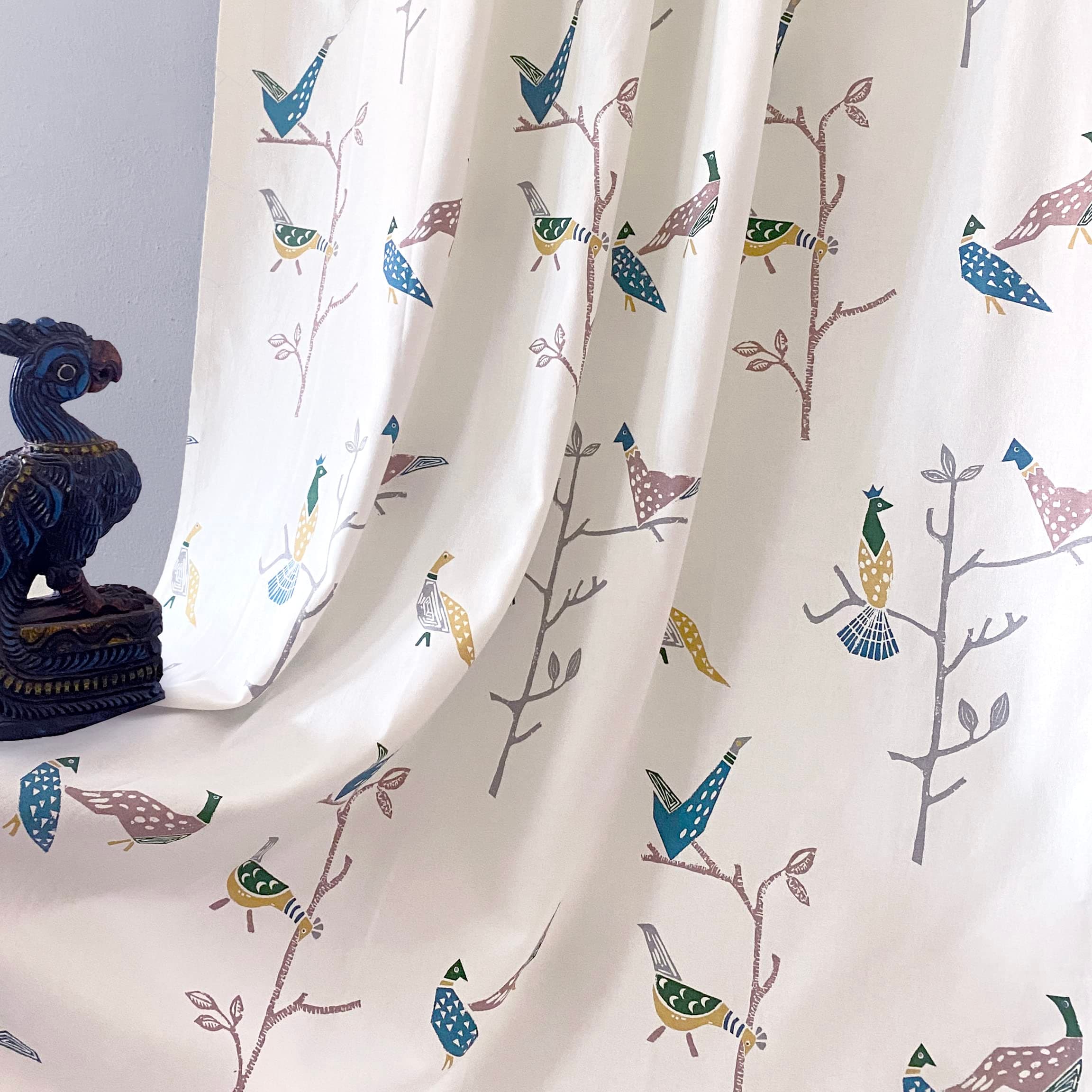 Pure Cotton Curtains for Door, 60-65% Room Darkening, Bird Print (Shiri: Blue & Yellow) -7 Feet, Set of 2 (Length 213 cm) - with Back Tab