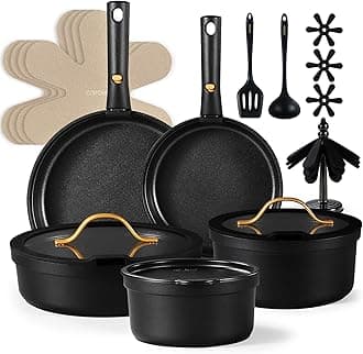 CAROTE 20pcs Pots and Pans Set Non Stick, Nonstick Cookware Set, Dishwasher/Oven/Fridge Safe Pots and Pans, Removable Handle RV Cookware, Induction Kitchen Set, Black