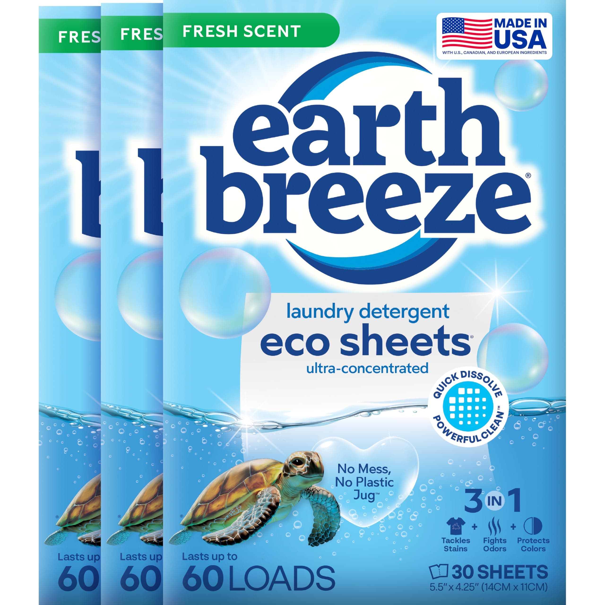 Earth Breeze Laundry Detergent Sheets Fresh Scent - 60 Loads per package. Eco Liquidless Soap - Travel-Friendly for Hot & Cold Cycles, Tackles Tough Stains & Odors - Gentle on Skin, 30 sheets (3 Pack)