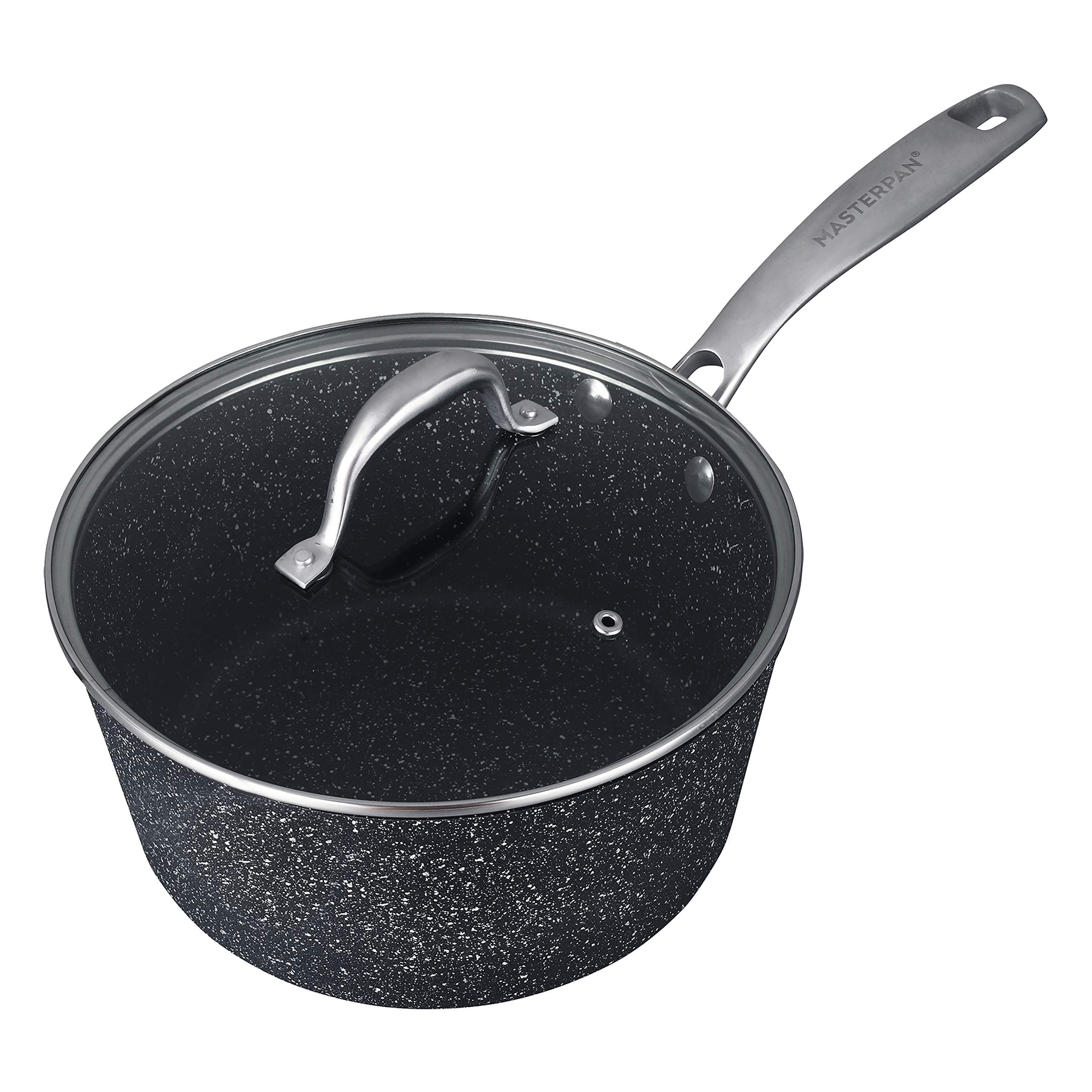 Masterpan Non-Stick Saucepan with Lid 18cm / 1.9L | Induction Pan | Granite Cooking Pot with Tempered Glass Lid | Non Stick Milk Pan | Oven & Dishwasher Safe
