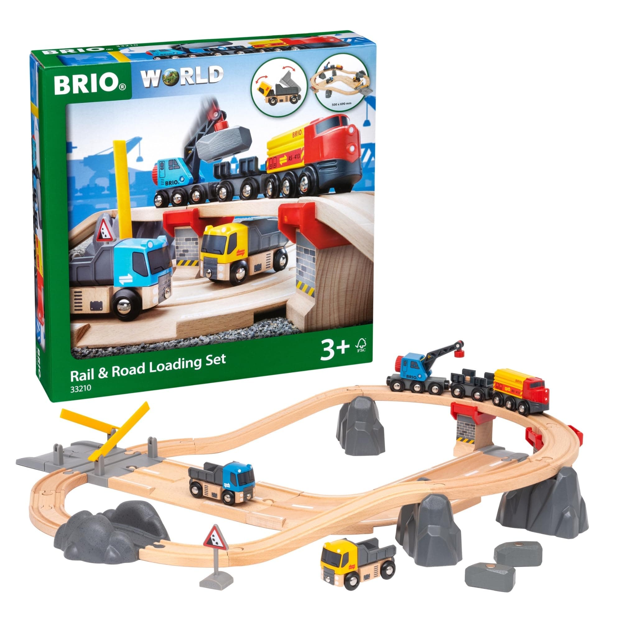 World Rail & Road Loading Set - 32-Piece FSC-Certified Wood Train Set & Accessories - Special Crane Car, Flatbed, Tracks, & More - Works with All Wooden Railway Sets - Fun Play for Ages 3+