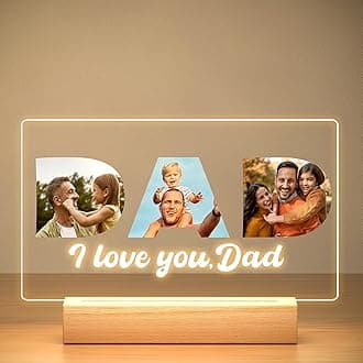 Custom Dad Picture Frame with Photo, Personalized Photo Frame with Night Light, Customized Picture Frames, Personalized Valentines Day Gifts for Dad from Daughter & Son