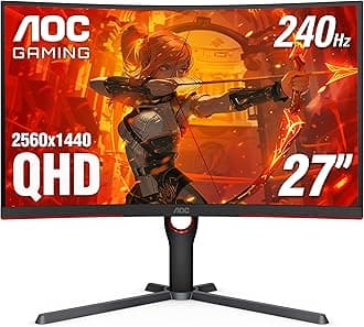 AOC CQ27G3Z 27" Curved Gaming Monitor, QHD 2K 2560x1440, 1000R VA, 240Hz 0.5ms, FreeSync Premium, Height Adjustable Stand, Xbox PS5 Switch, 3-Year Zero-Bright-dot,Black