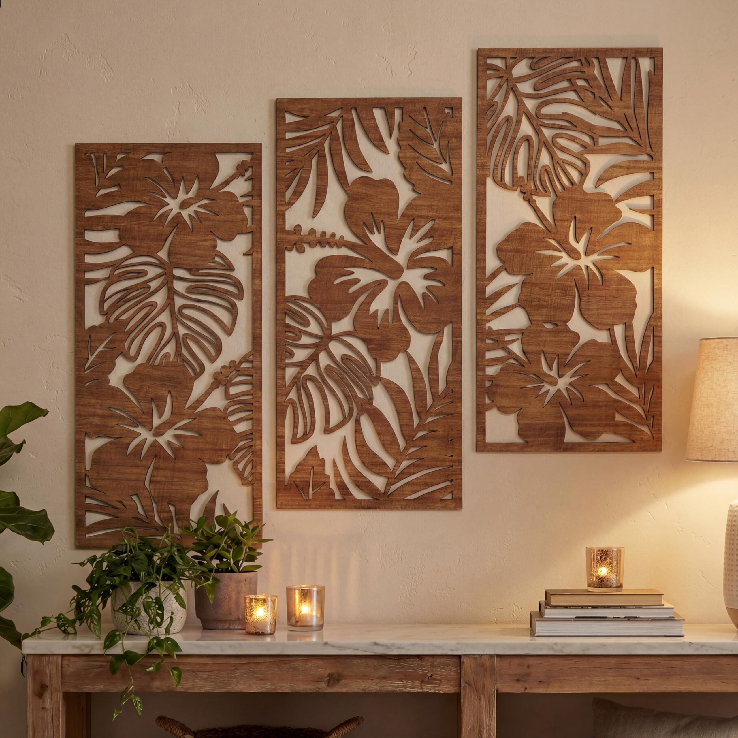 3 Pcs Tropical Wall Decor 3d Wooden Palm Leaf Wall Art Monstera Sculptures Wood Hibiscus Flowers Hanging Decor Vintage Plant Plaque for Home Bathroom 7.09 x 15.75 Inch(Classic Style)