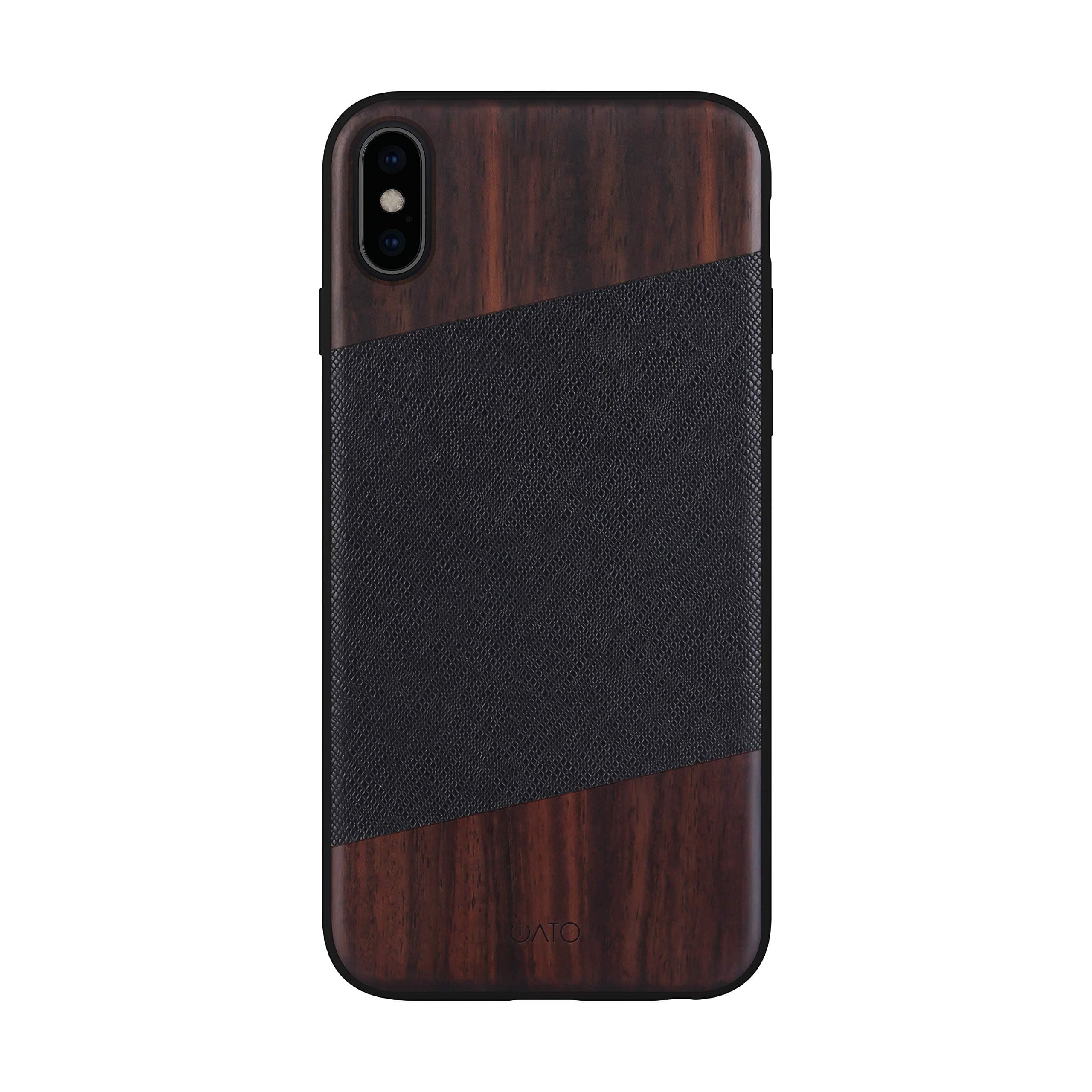 iATO iPhone Xs Max Wood Case [Wireless Charging Compatible] Real Bois de Rose Wood & Genuine Black Saffiano Leather [Protective] Cover. [Unique & Classy] Accessory for iPhone Xs Max 6.5 inch