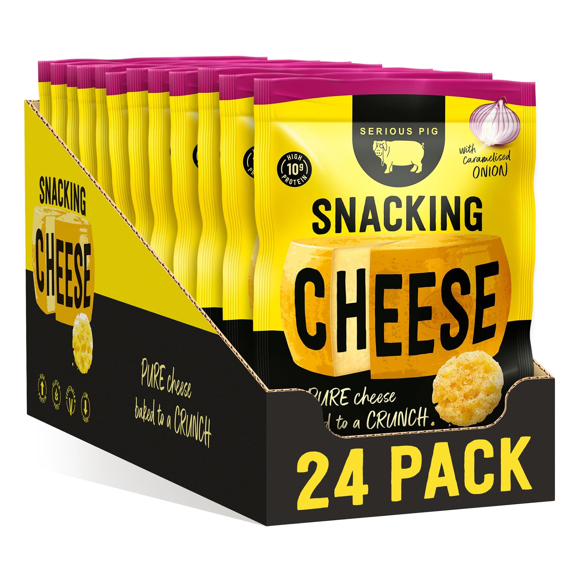 Serious Pig Snacking Cheese Caramelised Onion Flavour - Pure Cheese Crisps High Protein Low Carb (24 x 24g)