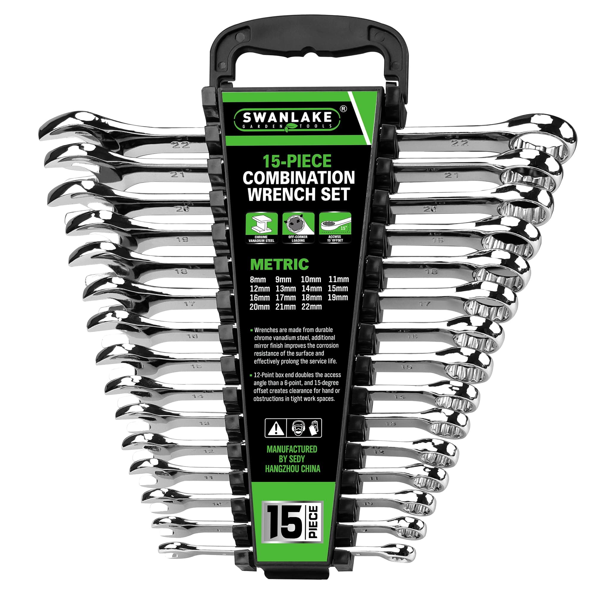 SWANLAKE 15-Piece Metric Combination Wrench Set, 12-Point Max Torque Open End Wrench Set, Cr-V Steel Wrenches 8, 9, 10, 11, 12, 13, 14, 15, 16, 17, 18, 19, 20, 21, 22mm with Storage Rack