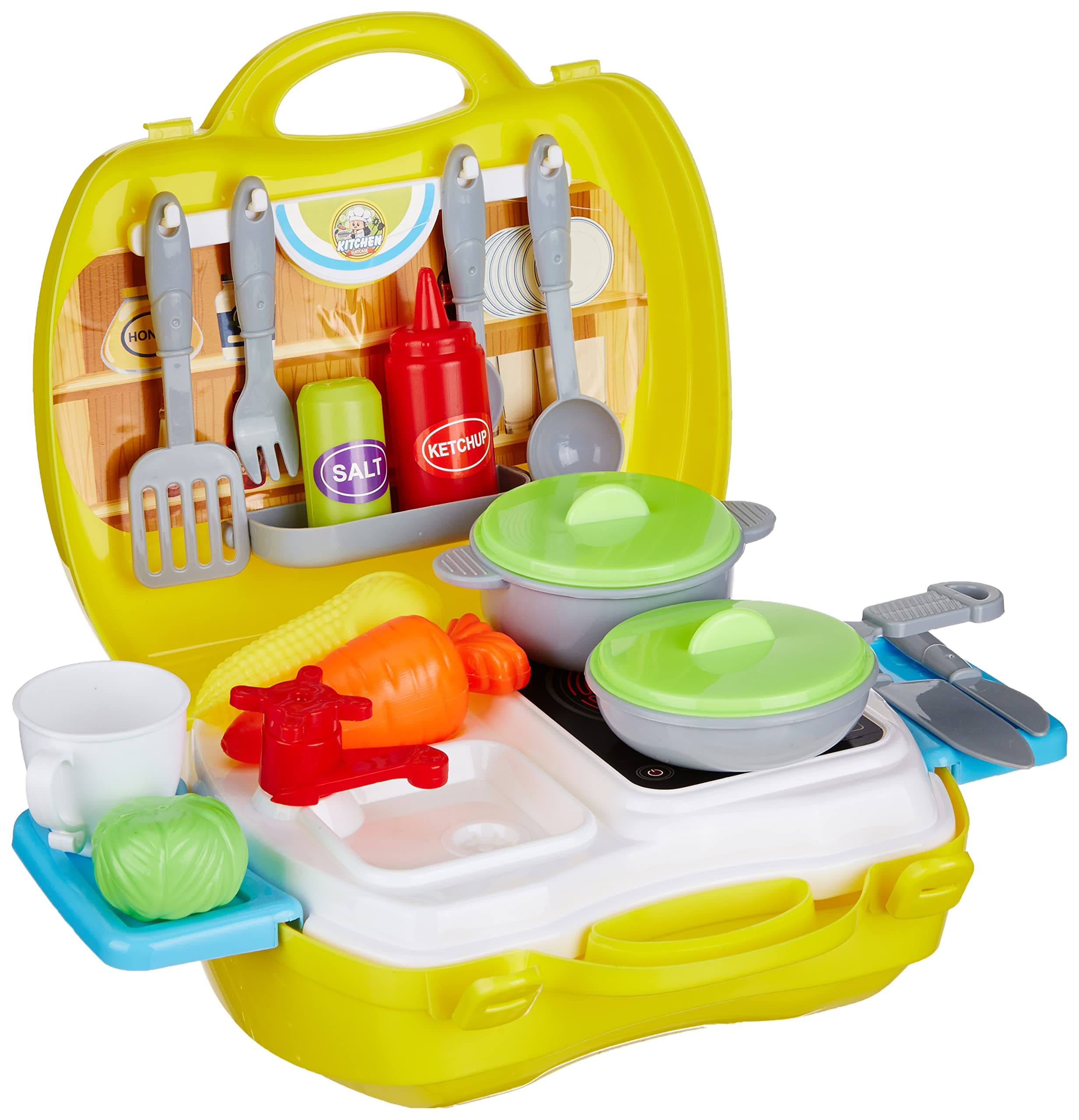 Amazon Brand - Jam & Honey Kitchen Set for Kids | Pretend and Play Toy | Portable Suitcase with Realistic Cooking Toys | for Boys & Girls 2+ Years | Non-Toxic | 24 Pieces | Multicolour