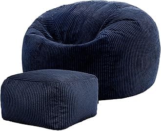icon Kingston Cord Bean Bag with Footstool, Navy Blue, Large Adult Bean Bag Chair with Filling Included, Comfy Chair, Pouffe Footstool, Living Room Furniture, Bedroom Furniture