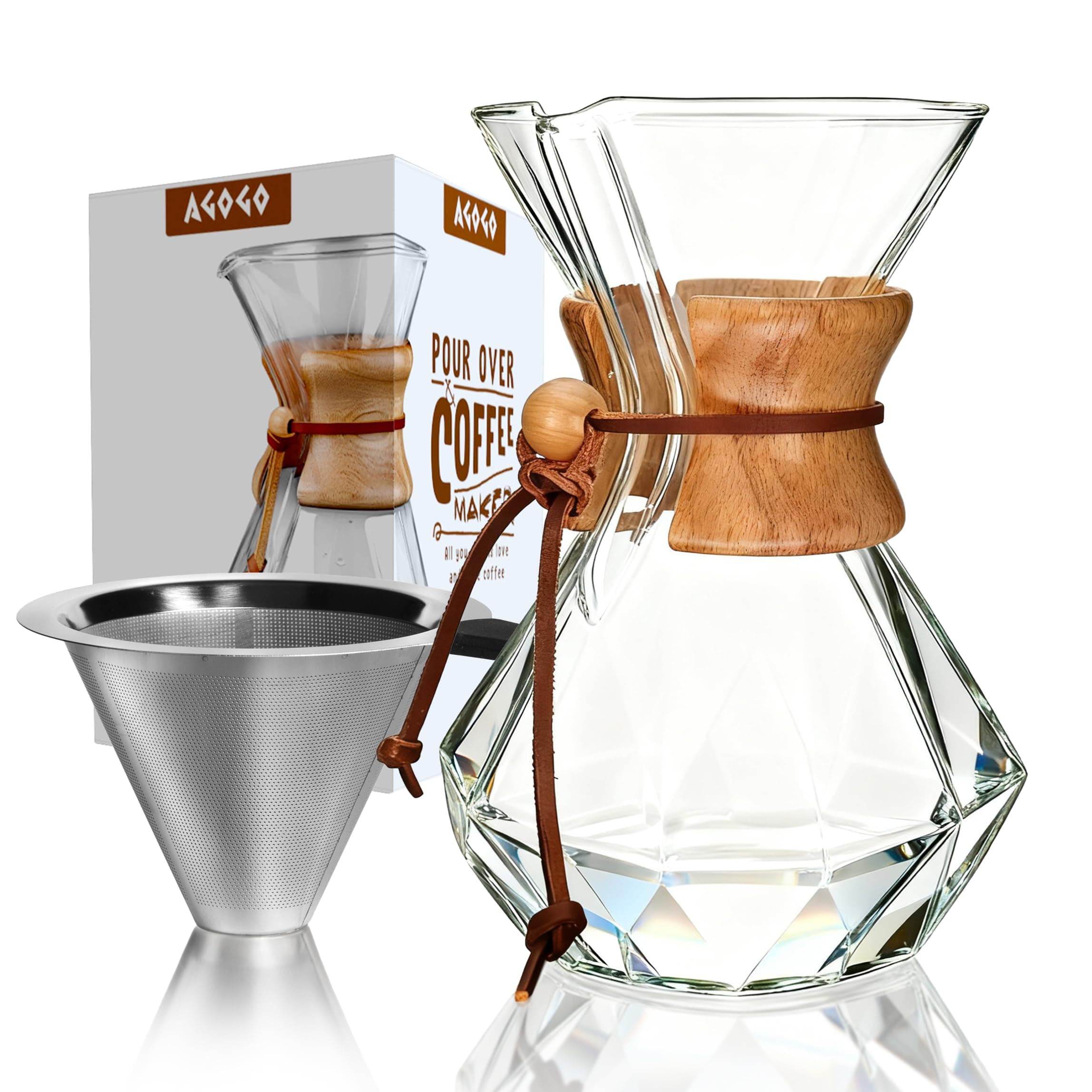 AGOGO Pour Over Coffee Maker Glass - 6/8/10 Cup Barista Kit with 304 Stainless Filter for Home, Office, Camping, Cafes - Easy Clean Coffee Dripper Set (Rag&Brush Included) (8 Cup/28 oz-Diamond Shape)