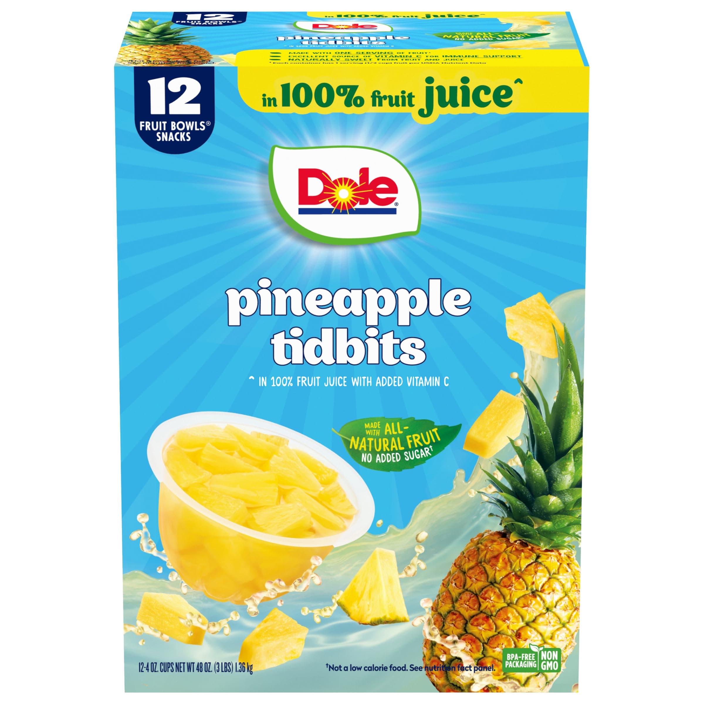 Dole Pineapple Tidbits in 100% Juice - Dole Fruit Bowls Snacks - 4 oz Fruit Bowls - 12 Pack