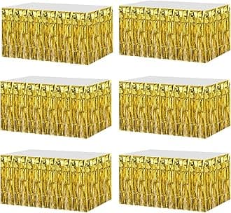 sourcing map 6 Pack 29x108 Inch Gold Metallic Foil Fringe Tinsel Table Skirts for Rectangle Tables Tinsel Backdrop Curtain for Wedding Birthday Anniversary Party