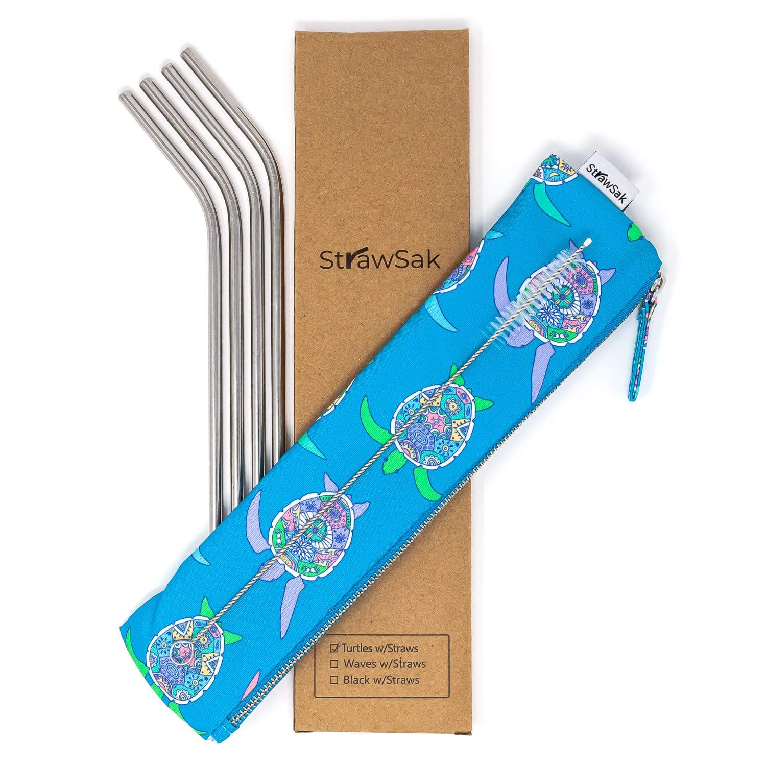 Stainless Steel Reusable Straws with Case - Easy to Clean Reusable Pouch for Straws, Cutlery, Silverware, Utensils - Teal Turtles - by StrawSak