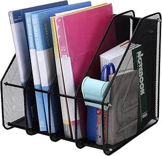 TOROTON Mesh Magazine File Rack Holder, 4 Compartments Metal Filing Rack Home Office Desk Book Sorter Storage Shlef for Paper Magazine Literature Documents and Books -Black