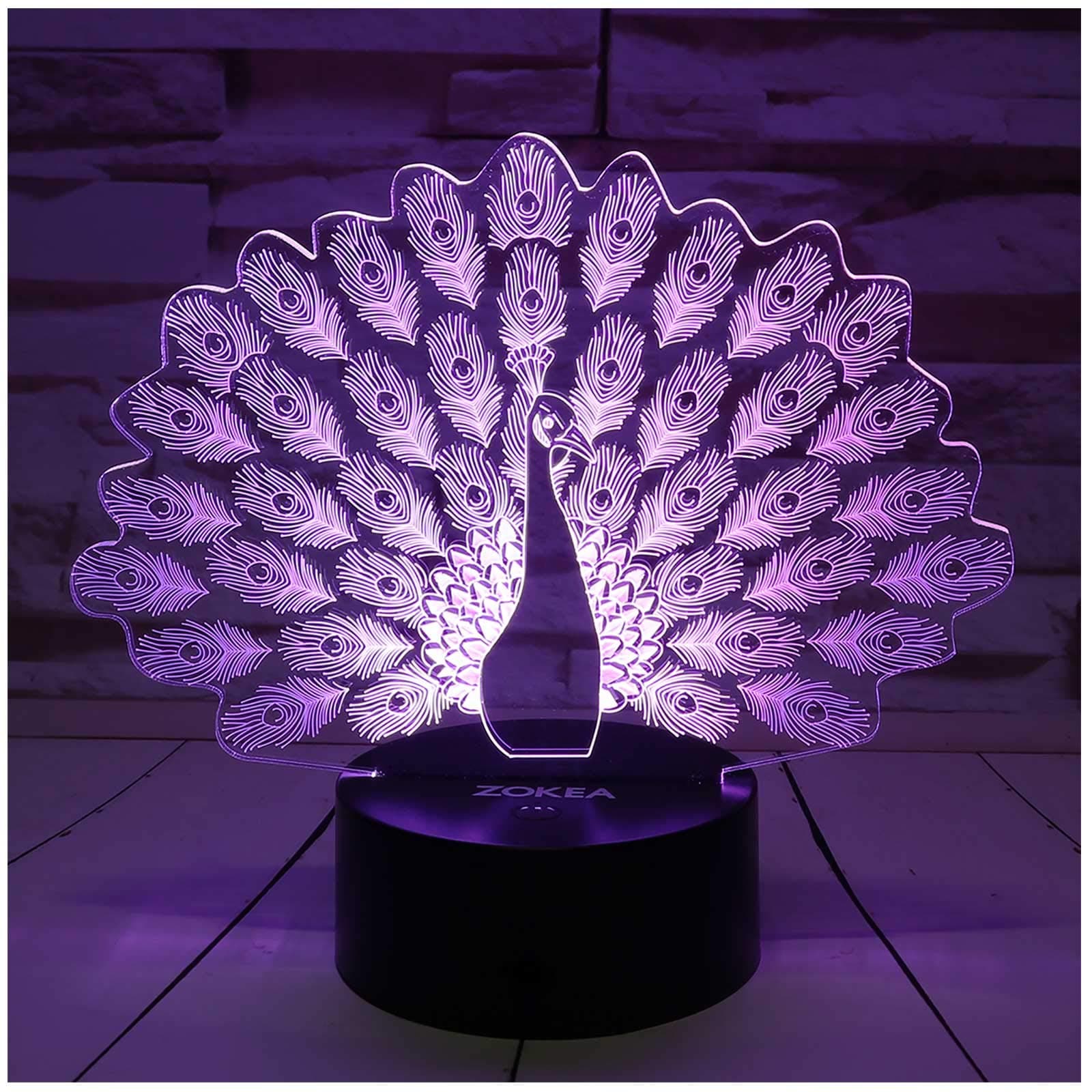 Night Light 3D lamp 7 Colors Changing Nightlight with Smart Touch & Remote Control 3D Night Light for Kids or as Gifts for Women Kids Girls Boys (Peacock)