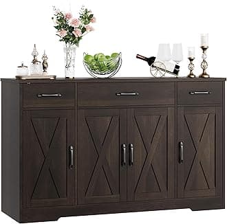 HOSTACK Buffet Cabinet with Drawers, 55" Large Sideboard Buffet Storage Cabinet with Shelves and Doors, Modern Farmhouse Coffee Bar Station Wood Kitchen Table for Kitchen, Dining Room, Dark Brown