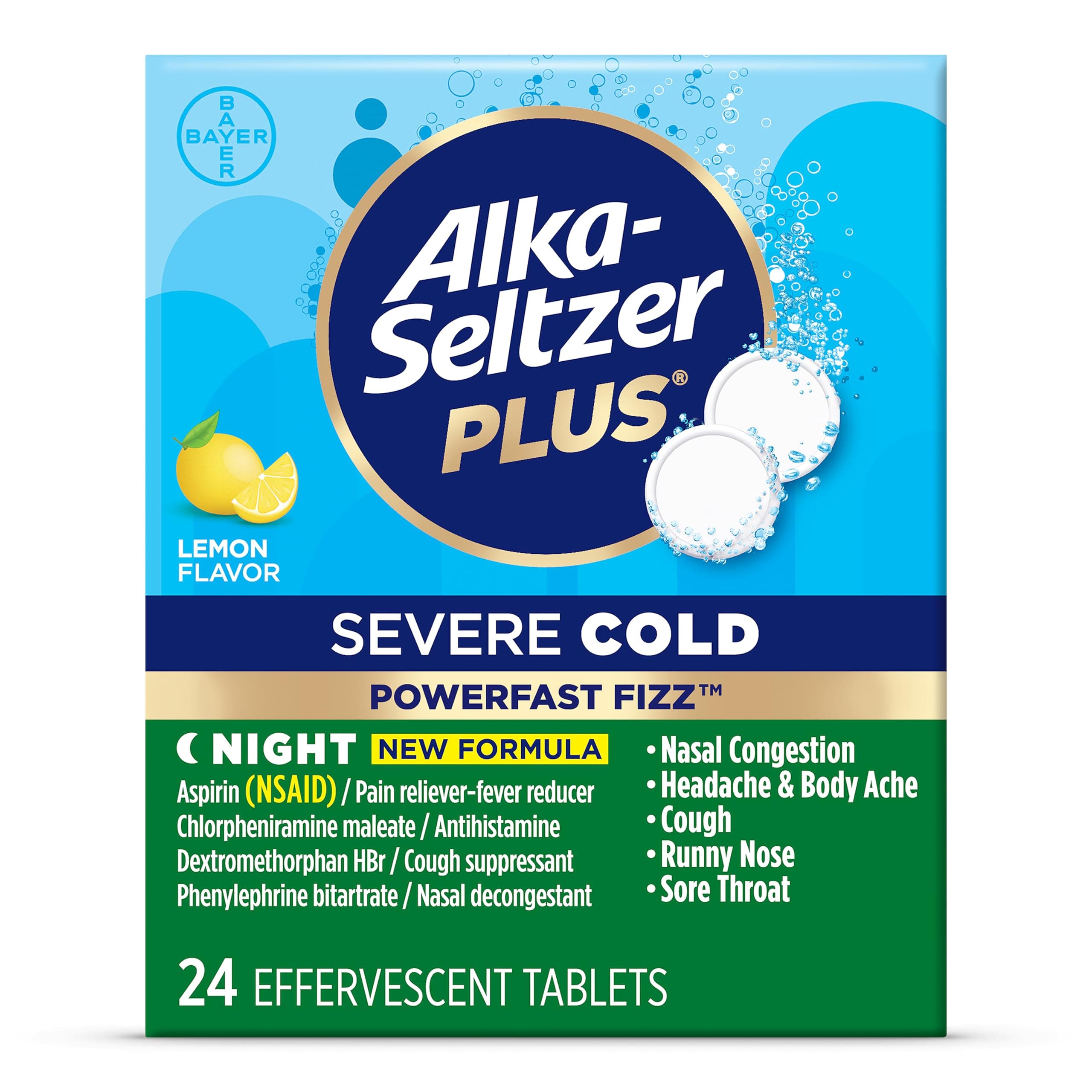 Alka-SELTZER Plus Severe Night Cold PowerFast Fizz Effervescent Tablets, Cold Medicine for Nasal Congestion, Headaches, Cough, Body Aches and More, 20 Count, Packaging May Vary