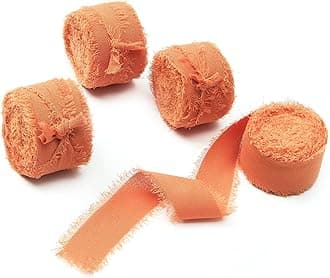 4 Rolls 1"W x 5Yd Orange Handmade Fringe Chiffon Silk Ribbon, Frayed Edges Ribbon for Wedding Invitations, Bridal Bouquets, Gifts Wrapping, DIY Crafts,Bow Making(1"x20Yd Orange)