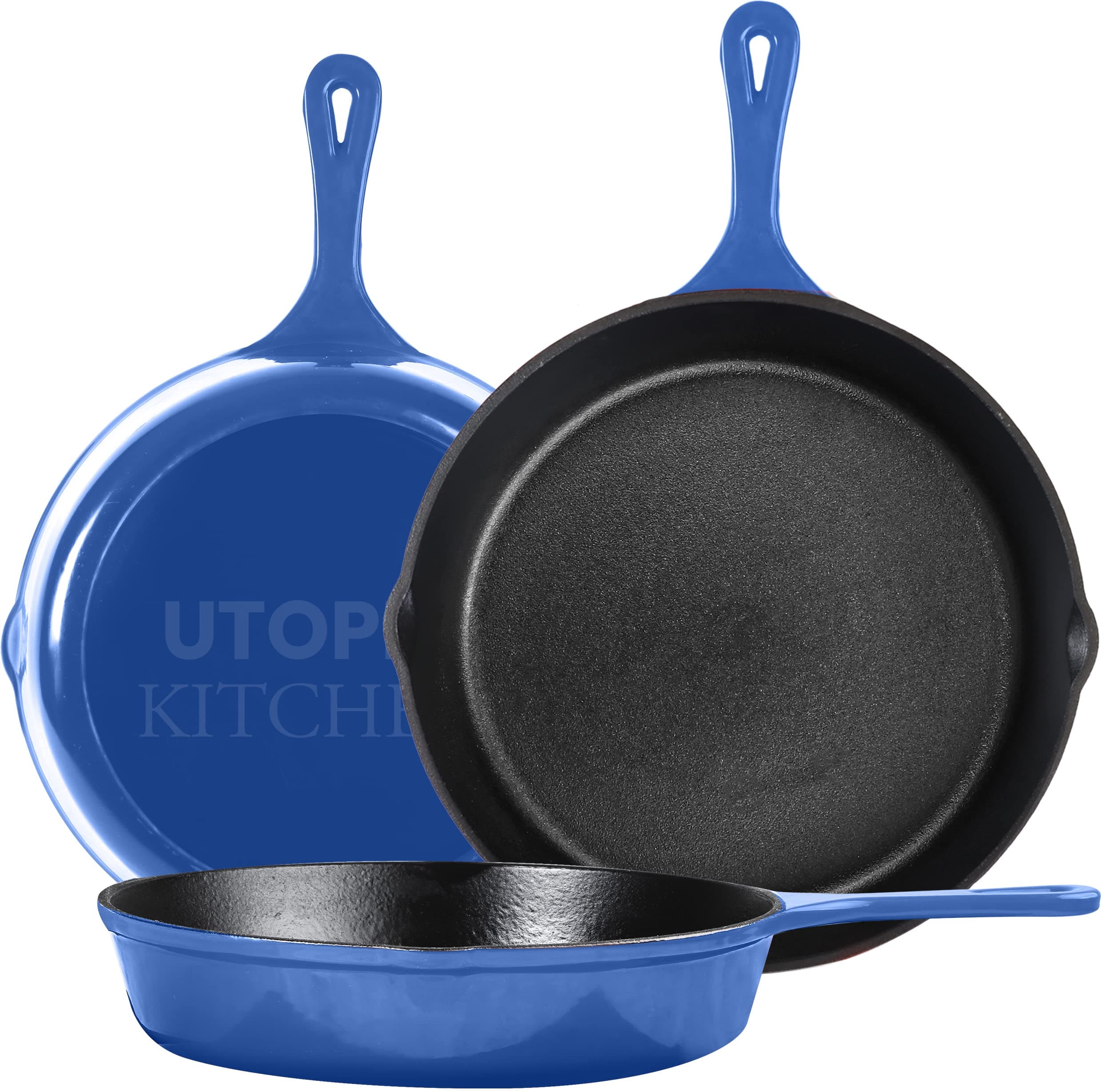 Cast iron Skillets 3 Piece Set, Chefs Pan, Pre Seasoned Cast iron Skillets, 6, 8 & 10 Inches, Easy Use in the Oven, Stove, Grill, or Campfire, Blue