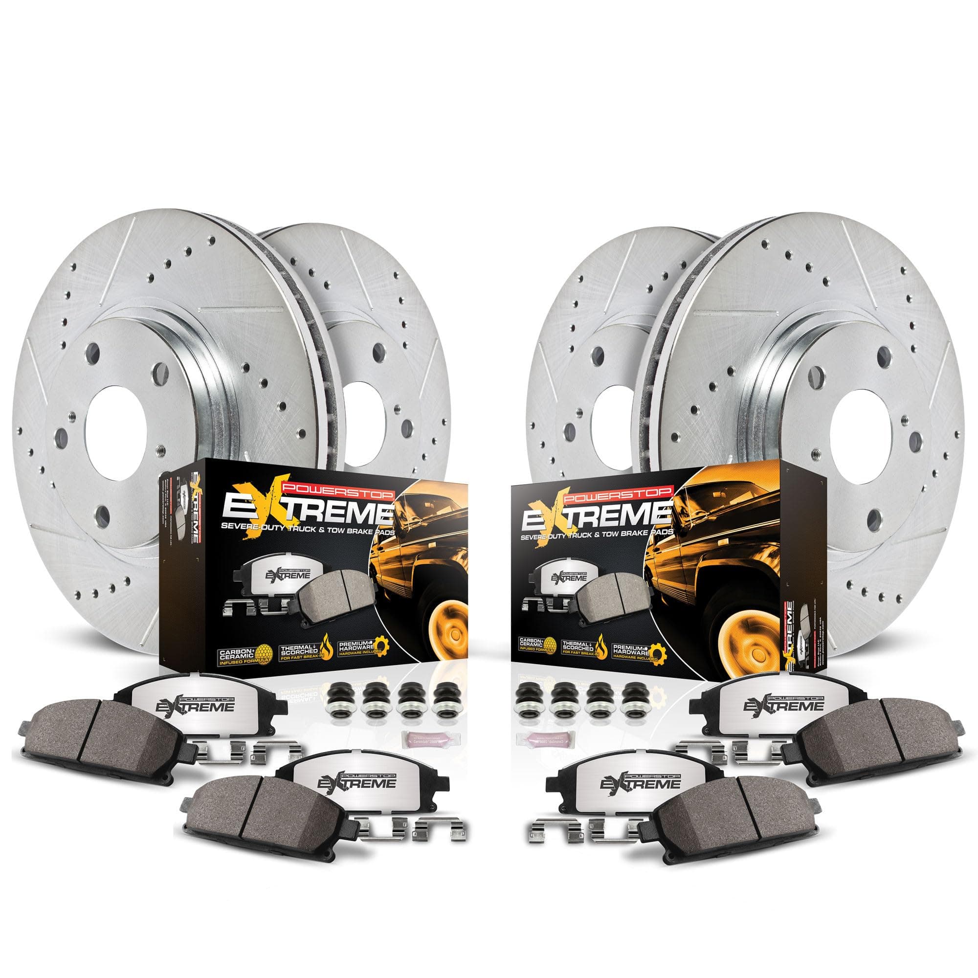 PowerStop Front & Rear Brake Kit For Jeep Wrangler 2007-17 | Jeep Wrangler JK 2018 - Truck & Tow Carbon Fiber Ceramic Brake Pads + Drilled & Slotted Rotors Upgrade, K2798-36