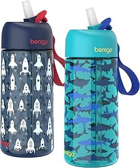 BentgoKids Water Bottle 2-Pack - New, Improved 2023 Leak-Proof BPA-Free 15 oz Cups for Toddlers & Children - Flip-Up Safe-Sip Straw for School, Sports, Daycare, Camp (Rocket/Shark)