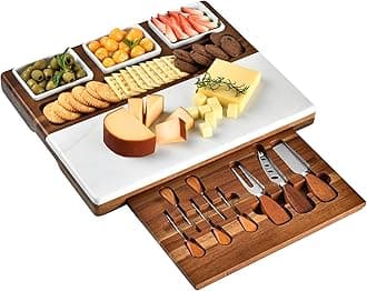 Shanik Marble & Acacia Wood Cheese Board Set – Includes 3 Ceramic Bowls, Stainless Steel Cutlery – Charcuterie Platter Gift for Entertaining