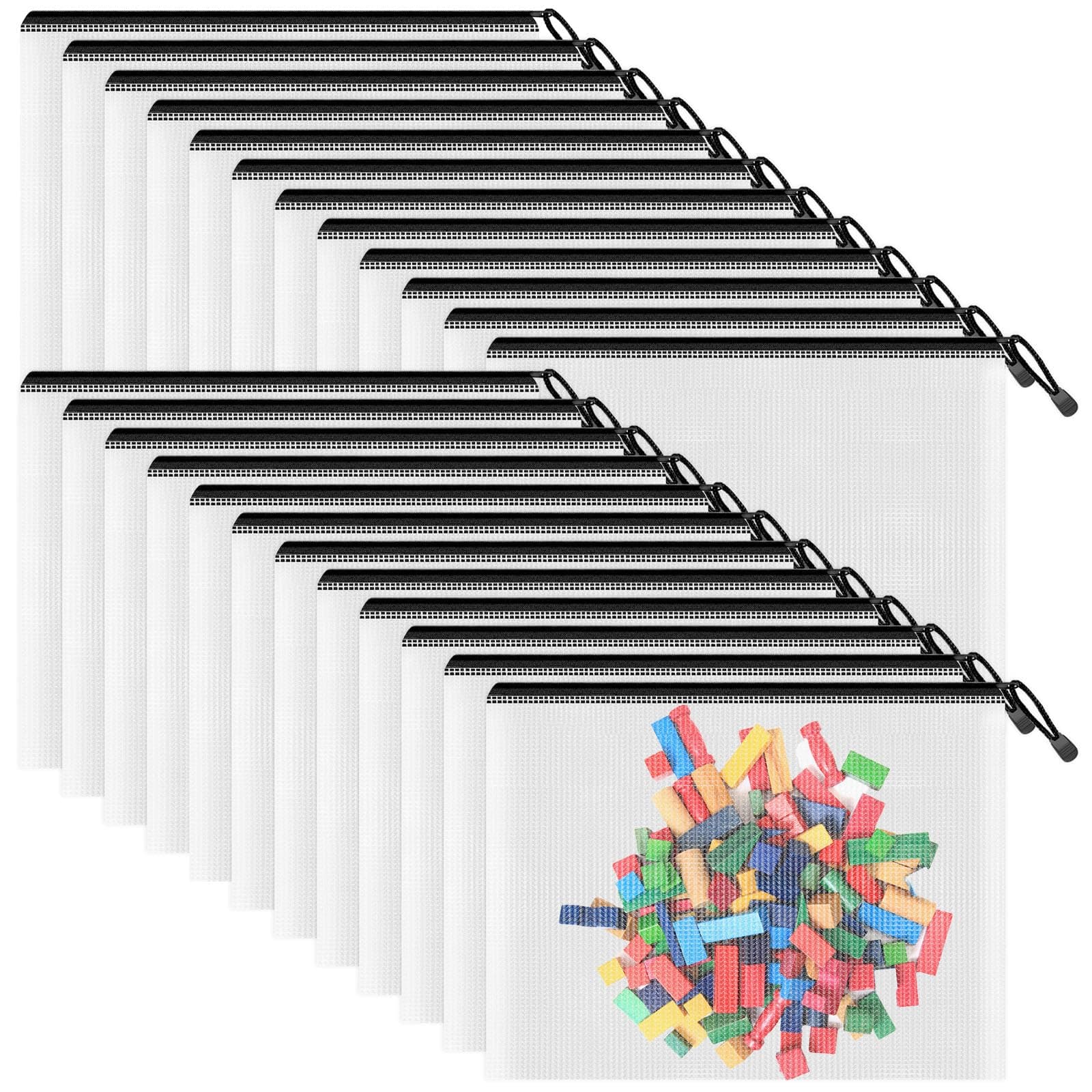 Smarpau A5 Mesh Zipper Pouch, 24 Pack 9.5" x 7.1" Plastic Zipper Pouches for Organizing, Multipurpose Waterproof Zip Bags for Travel Office Home Storage, Black