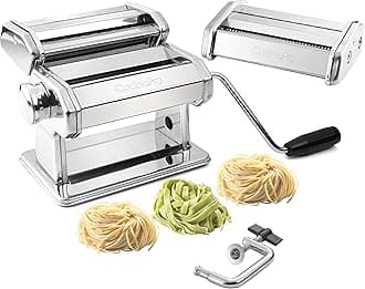 Pasta Maker Machine (177) By Cucina Pro - Heavy Duty Steel Construction - with Fettucine and Spaghetti attachment and Recipes