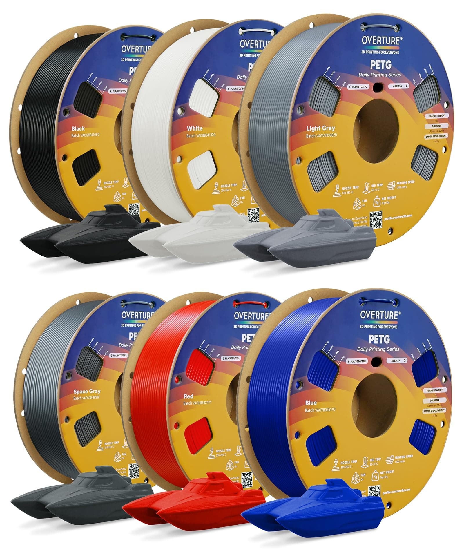 OVERTURE 6KG Bundle PETG 3D Printer Filament 1.75mm, Neatly Wound Durable PETG 6 Pack 1kg(2.2lbs), Strong Toughness Filament, Dimensional Accuracy +/- 0.02mm, Fit Most FDM Printers (6 Color (6-Pack))