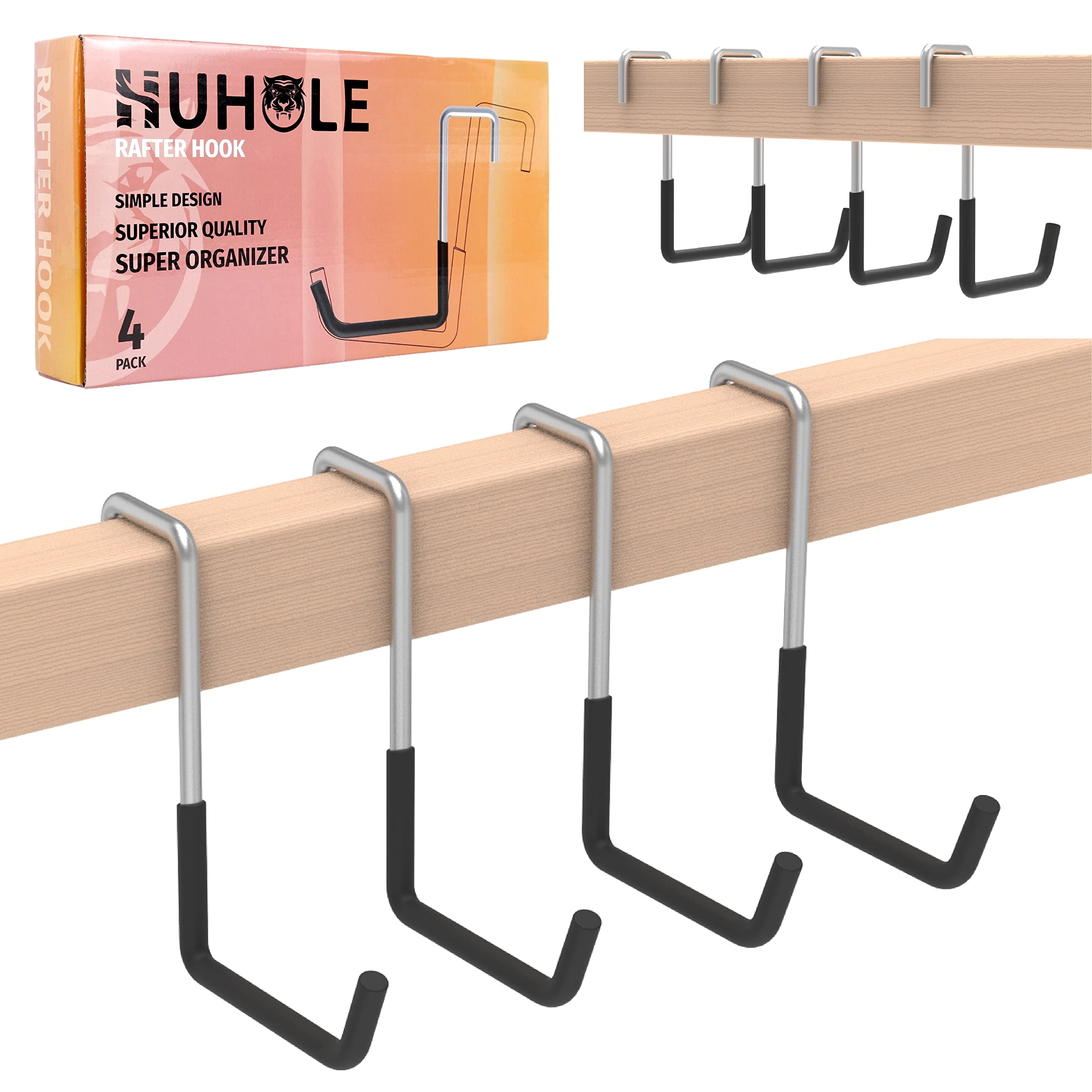 HUHOLE 4 Pack Rafter Hooks for Garage Storage – Heavy Duty Vinyl Coated Large S Hooks (50lb Capacity) – No-Drill Utility Hangers for Hanging Bikes, Ladders, Plants & Hoses on Wood Joists & Beams